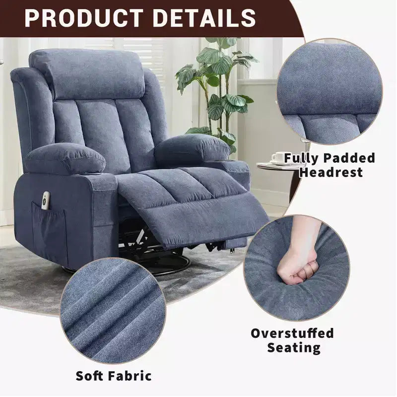 Fauteuil inclinable à bascule COZONY avec chauffage et massage - pivotant à 360°, grand fauteuil simple avec 3 positions, ports USB, porte-gobelets, poches latérales