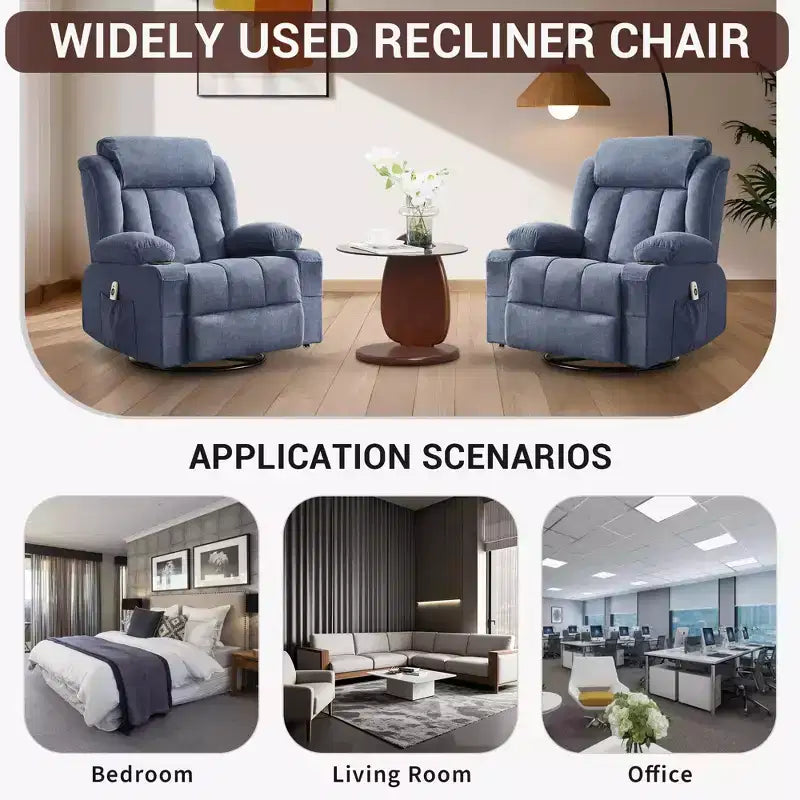 Fauteuil inclinable à bascule COZONY avec chauffage et massage - pivotant à 360°, grand fauteuil simple avec 3 positions, ports USB, porte-gobelets, poches latérales