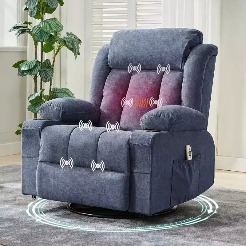 Fauteuil inclinable à bascule COZONY avec chauffage et massage - pivotant à 360°, grand fauteuil simple avec 3 positions, ports USB, porte-gobelets, poches latérales