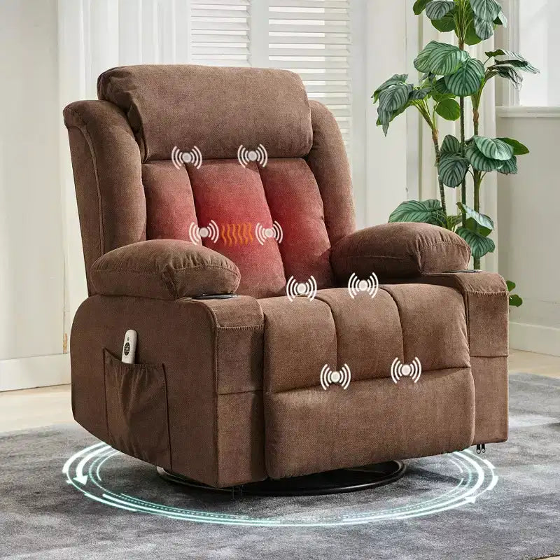 Fauteuil inclinable à bascule COZONY avec chauffage et massage - pivotant à 360°, grand fauteuil simple avec 3 positions, ports USB, porte-gobelets, poches latérales