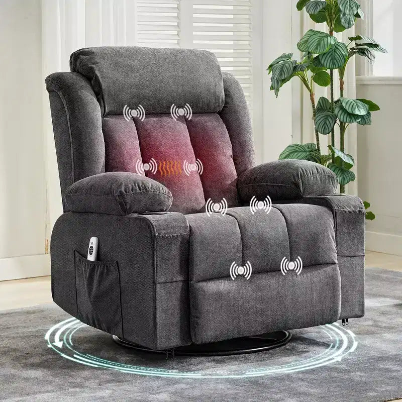 Fauteuil inclinable à bascule COZONY avec chauffage et massage - pivotant à 360°, grand fauteuil simple avec 3 positions, ports USB, porte-gobelets, poches latérales