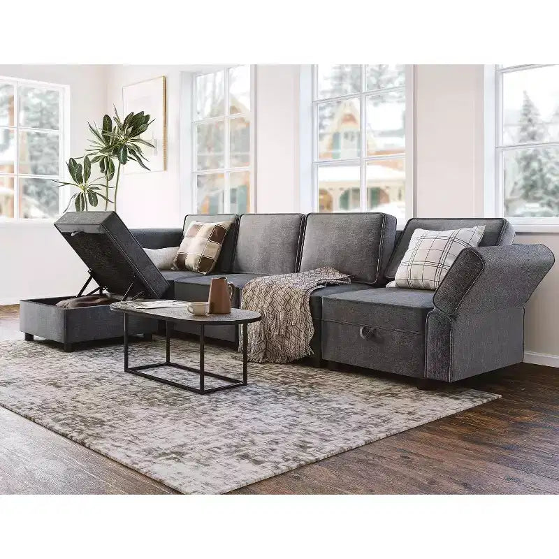 Canapé d'angle modulable COZONY, en U/L, réversible avec couchage et rangement, gris