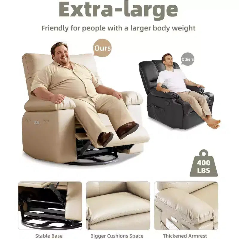 Fauteuil inclinable surdimensionné avec fonction chauffante et massante, inclinable manuel et à bascule avec télécommande pour adultes, salon/chambre/crèche, crème