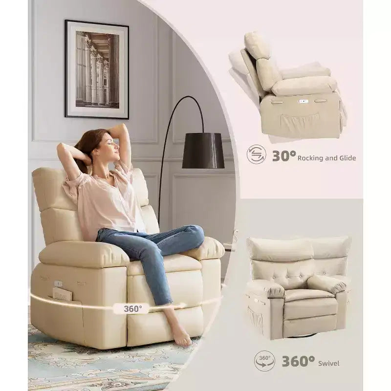 Fauteuil inclinable surdimensionné avec fonction chauffante et massante, inclinable manuel et à bascule avec télécommande pour adultes, salon/chambre/crèche, crème