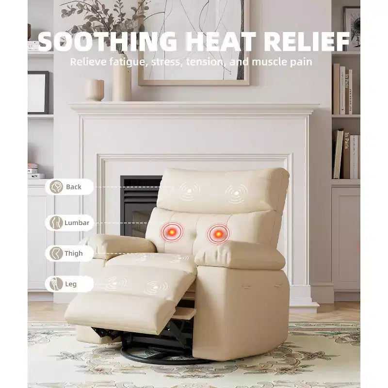 Fauteuil inclinable surdimensionné avec fonction chauffante et massante, inclinable manuel et à bascule avec télécommande pour adultes, salon/chambre/crèche, crème