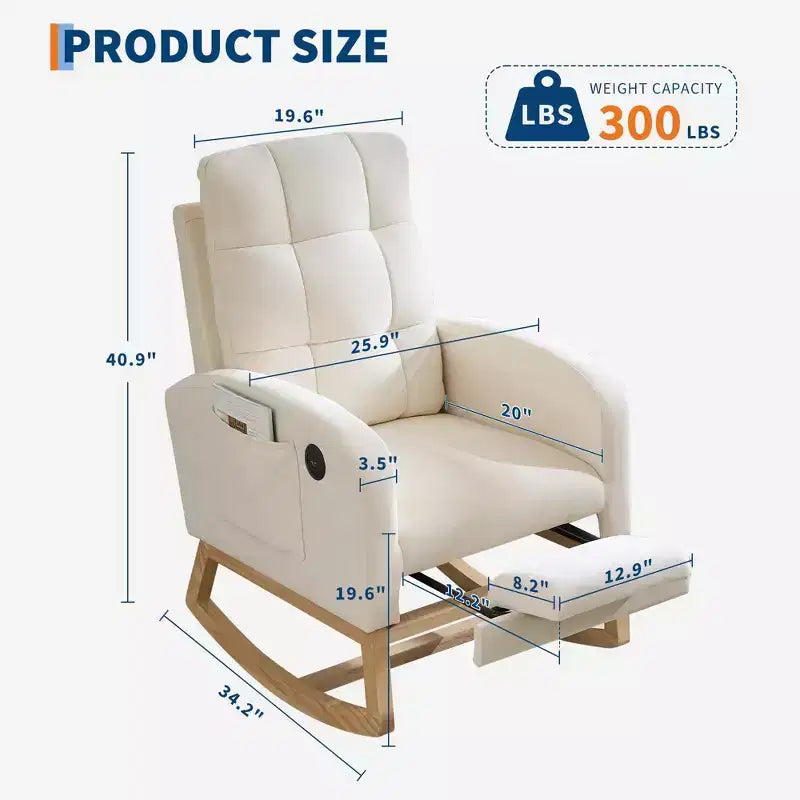 Fauteuil à bascule moderne avec port USB, repose-pieds et pochette latérale – Fauteuil inclinable haut à bascule et coulissant pour salon, chambre à coucher et chambre d'allaitement