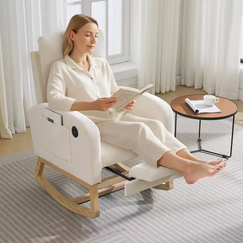 Fauteuil à bascule moderne avec port USB, repose-pieds et pochette latérale – Fauteuil inclinable haut à bascule et coulissant pour salon, chambre à coucher et chambre d'allaitement