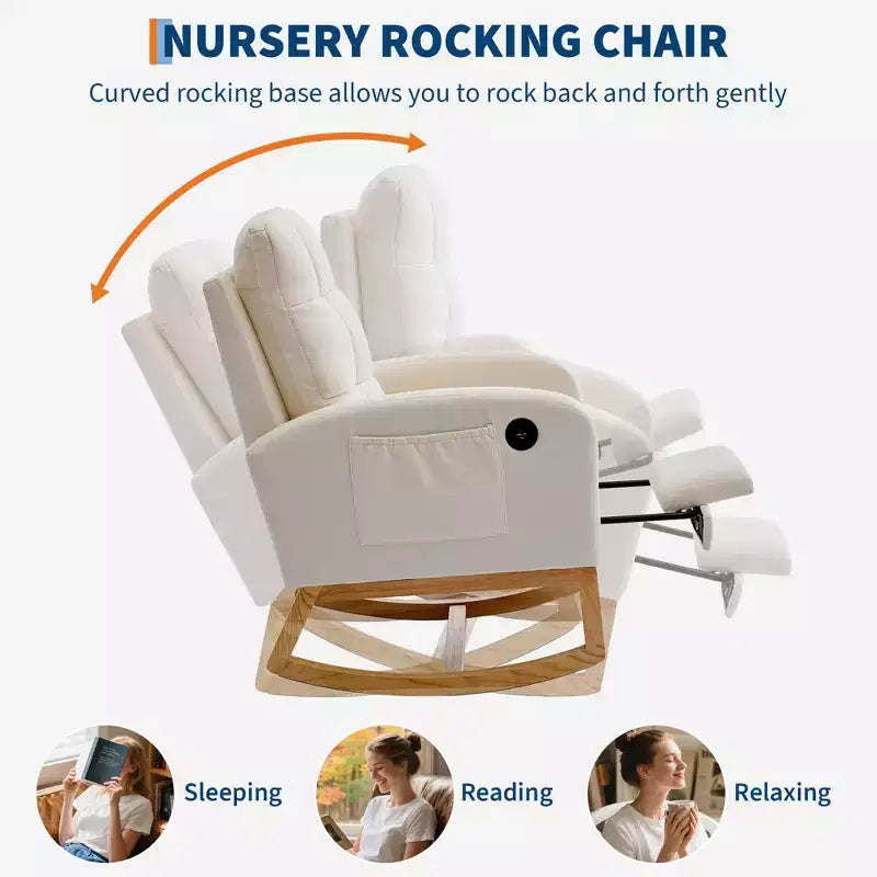 Fauteuil à bascule moderne avec port USB, repose-pieds et pochette latérale – Fauteuil inclinable haut à bascule et coulissant pour salon, chambre à coucher et chambre d'allaitement