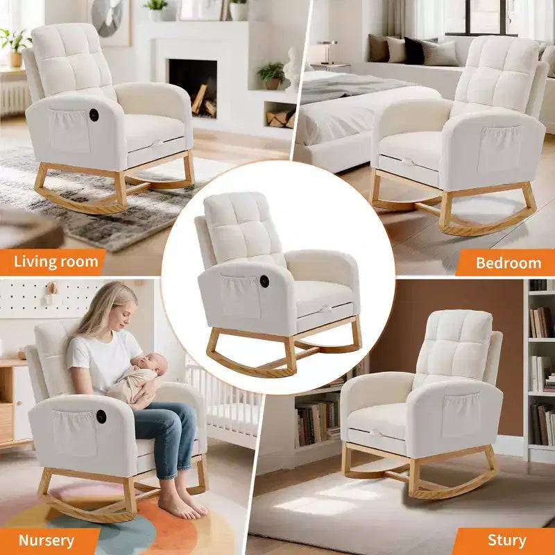 Fauteuil à bascule moderne avec port USB, repose-pieds et pochette latérale – Fauteuil inclinable haut à bascule et coulissant pour salon, chambre à coucher et chambre d'allaitement