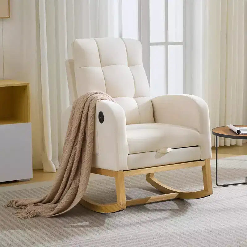 Fauteuil à bascule moderne avec port USB, repose-pieds et pochette latérale – Fauteuil inclinable haut à bascule et coulissant pour salon, chambre à coucher et chambre d'allaitement