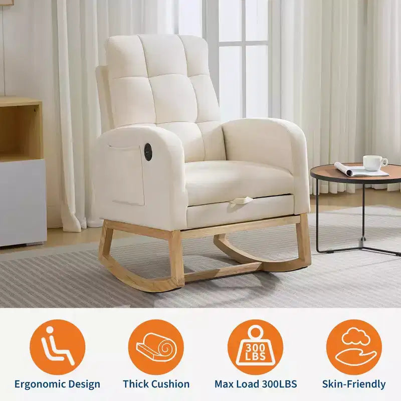 Fauteuil à bascule moderne avec port USB, repose-pieds et pochette latérale – Fauteuil inclinable haut à bascule et coulissant pour salon, chambre à coucher et chambre d'allaitement