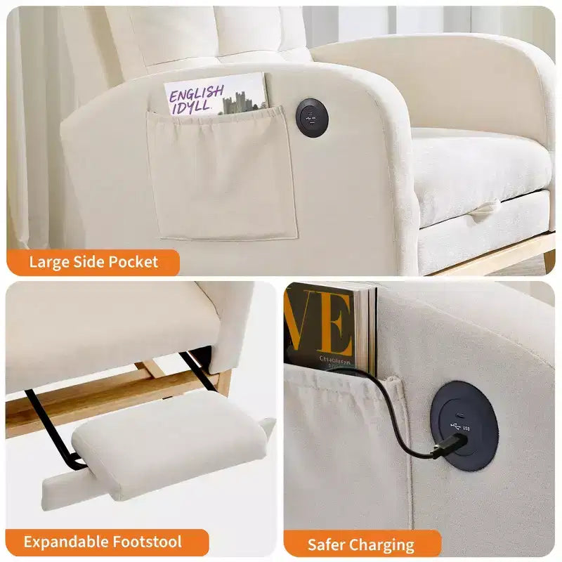 Fauteuil à bascule moderne avec port USB, repose-pieds et pochette latérale – Fauteuil inclinable haut à bascule et coulissant pour salon, chambre à coucher et chambre d'allaitement