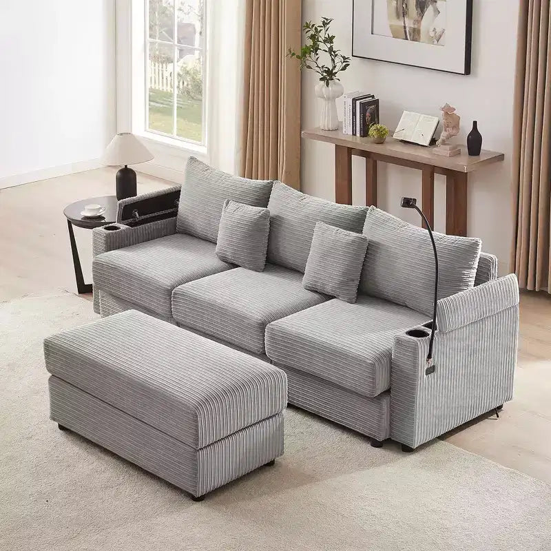 MAYEERTY 95.3 Canapé d'angle moderne 3 places avec ottoman de rangement Deux ports Deux porte-gobelets pour salon Gris