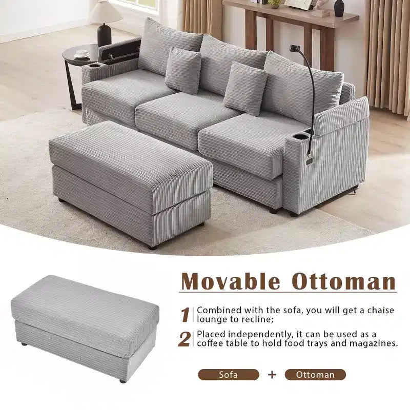 MAYEERTY 95.3 Canapé d'angle moderne 3 places avec ottoman de rangement Deux ports Deux porte-gobelets pour salon Gris