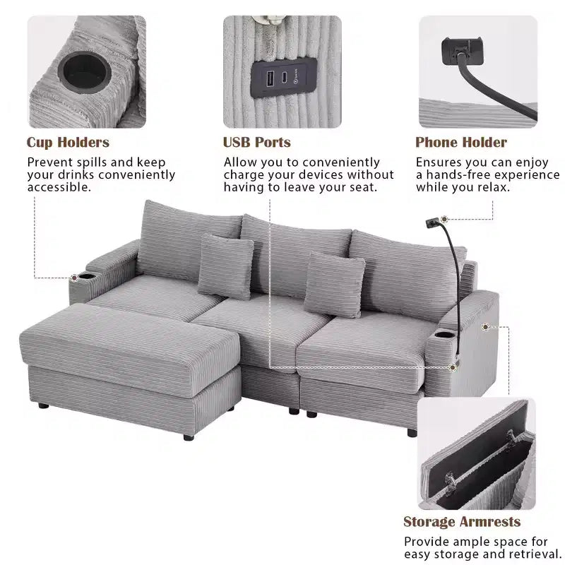 MAYEERTY 95.3 Canapé d'angle moderne 3 places avec ottoman de rangement Deux ports Deux porte-gobelets pour salon Gris