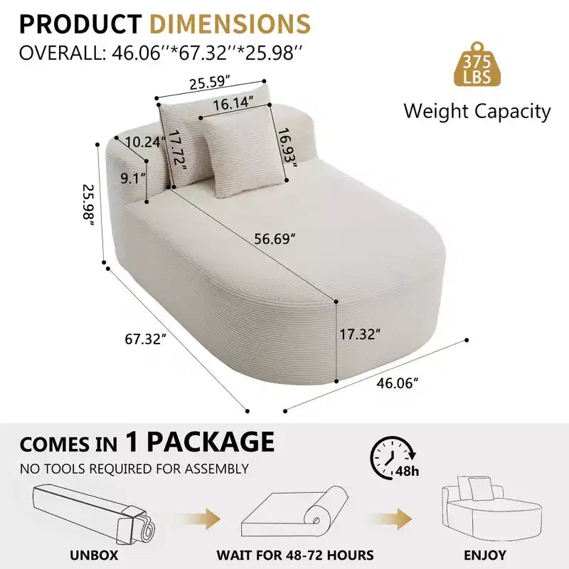 67,5 Pouces Chaise Longue en Velours Côtelé, Siège Large, Fauteuil King avec Assise Profonde et 2 Oreillers, Canapé-Lit Convertible Sans Cadre pour Salon