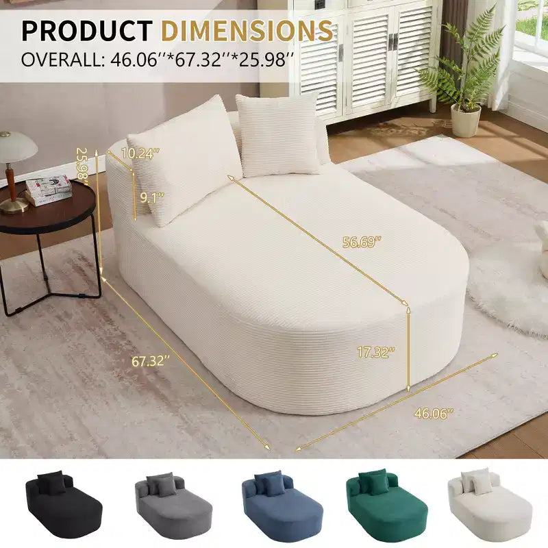 67,5 Pouces Chaise Longue en Velours Côtelé, Siège Large, Fauteuil King avec Assise Profonde et 2 Oreillers, Canapé-Lit Convertible Sans Cadre pour Salon
