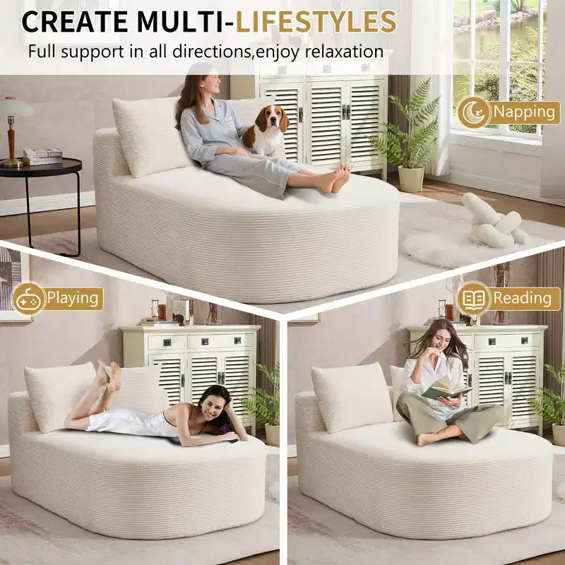 67,5 Pouces Chaise Longue en Velours Côtelé, Siège Large, Fauteuil King avec Assise Profonde et 2 Oreillers, Canapé-Lit Convertible Sans Cadre pour Salon
