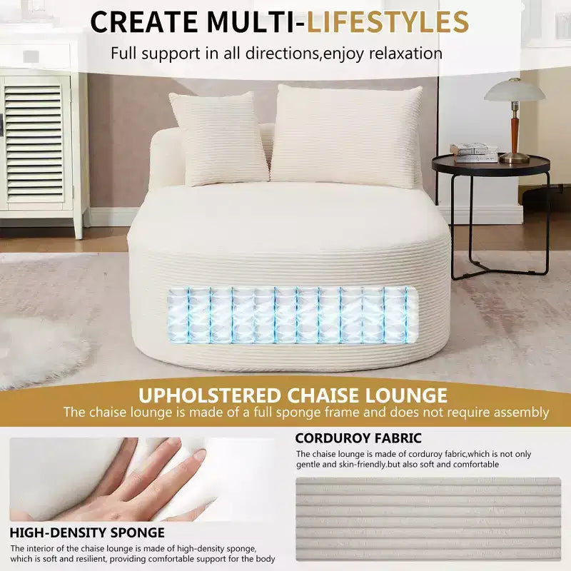 67,5 Pouces Chaise Longue en Velours Côtelé, Siège Large, Fauteuil King avec Assise Profonde et 2 Oreillers, Canapé-Lit Convertible Sans Cadre pour Salon