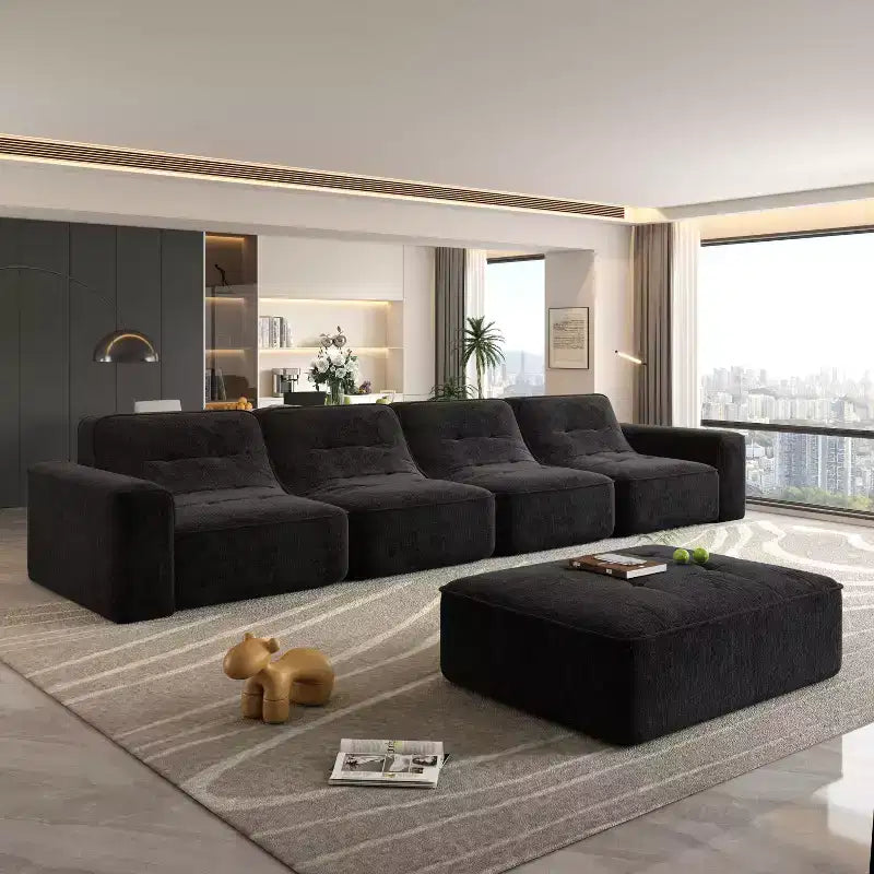 143.7Ensemble de canapé modulaire avec pouf amovible, canapé profond capitonné, chaise longue et fauteuil d'appoint, canapé moderne en chenille scintillante pour salon