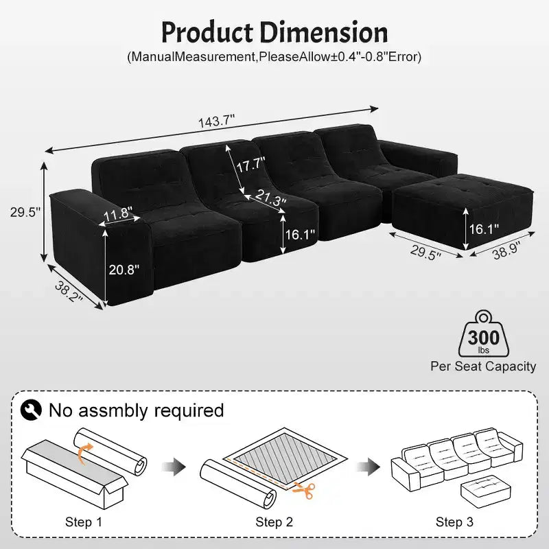 143.7Ensemble de canapé modulaire avec pouf amovible, canapé profond capitonné, chaise longue et fauteuil d'appoint, canapé moderne en chenille scintillante pour salon