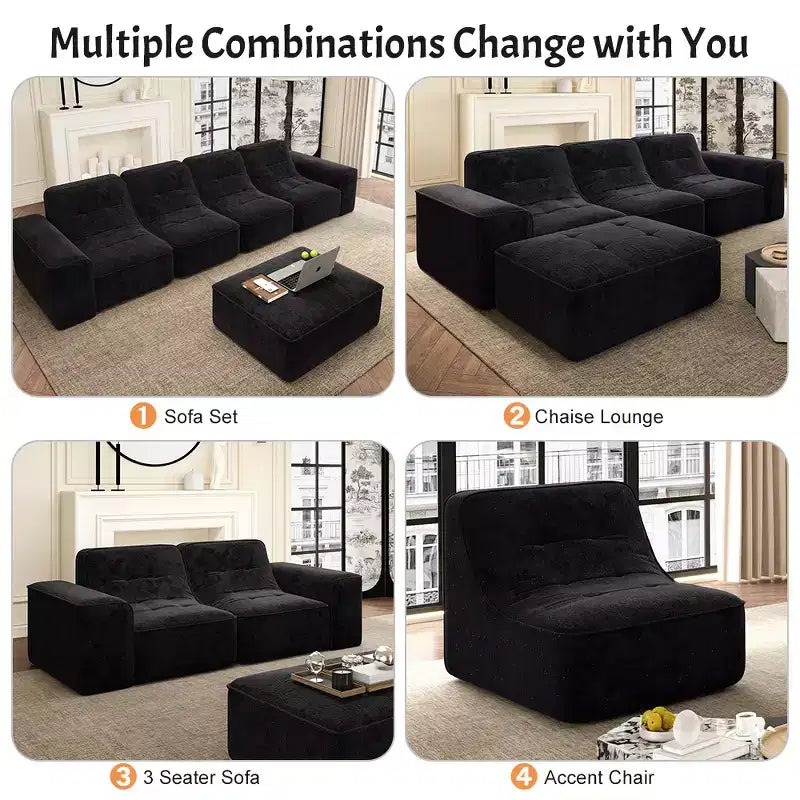 143.7Ensemble de canapé modulaire avec pouf amovible, canapé profond capitonné, chaise longue et fauteuil d'appoint, canapé moderne en chenille scintillante pour salon