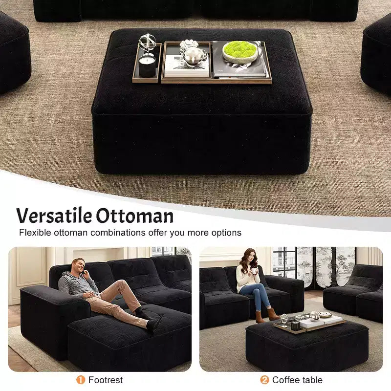143.7Ensemble de canapé modulaire avec pouf amovible, canapé profond capitonné, chaise longue et fauteuil d'appoint, canapé moderne en chenille scintillante pour salon