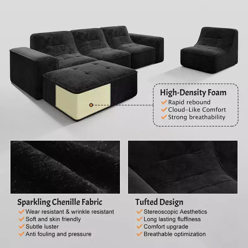 143.7Ensemble de canapé modulaire avec pouf amovible, canapé profond capitonné, chaise longue et fauteuil d'appoint, canapé moderne en chenille scintillante pour salon