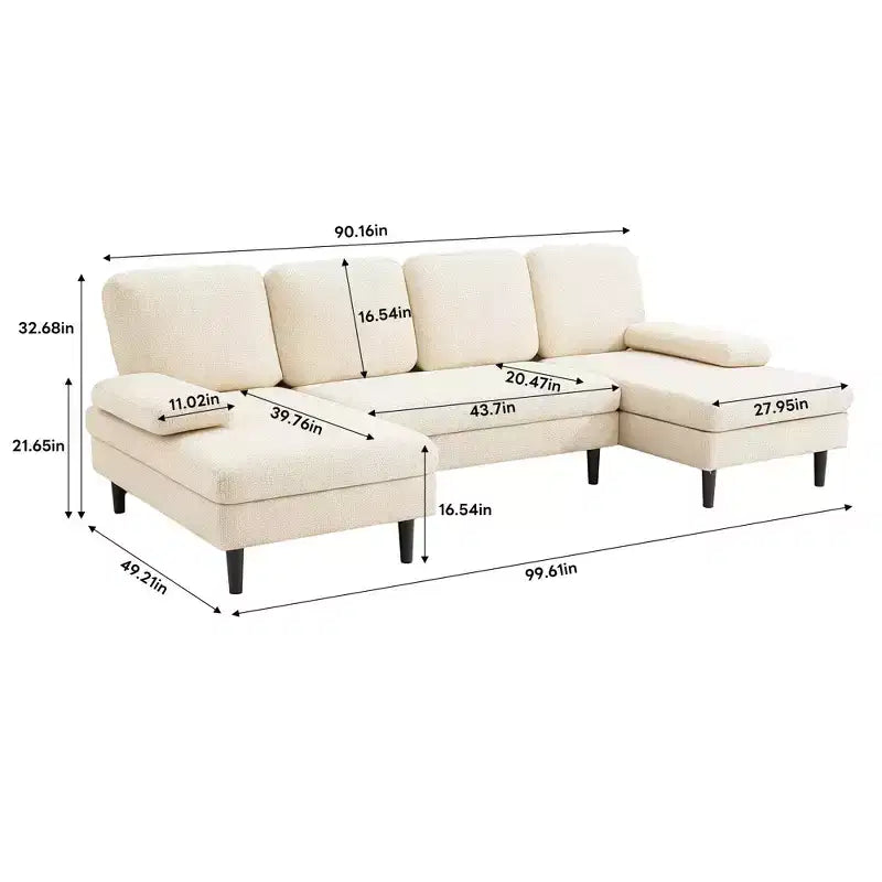 Canapé d'angle en U avec double chaise longue en tissu chenille, 4 places, meuble de salon