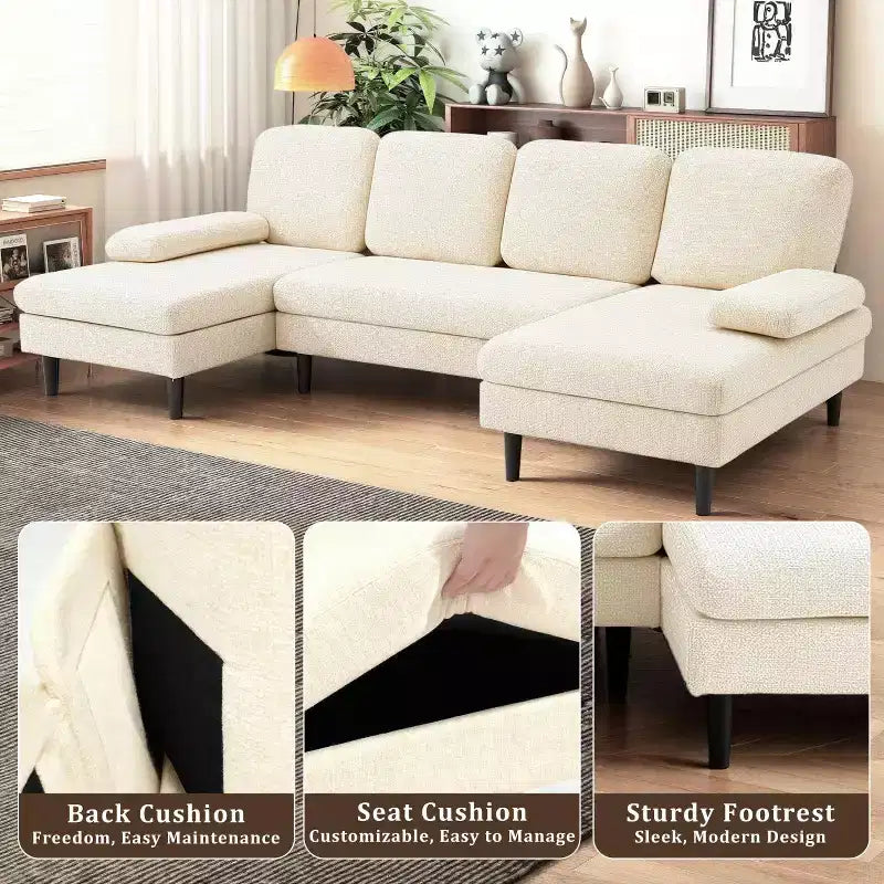 Canapé d'angle en U avec double chaise longue en tissu chenille, 4 places, meuble de salon