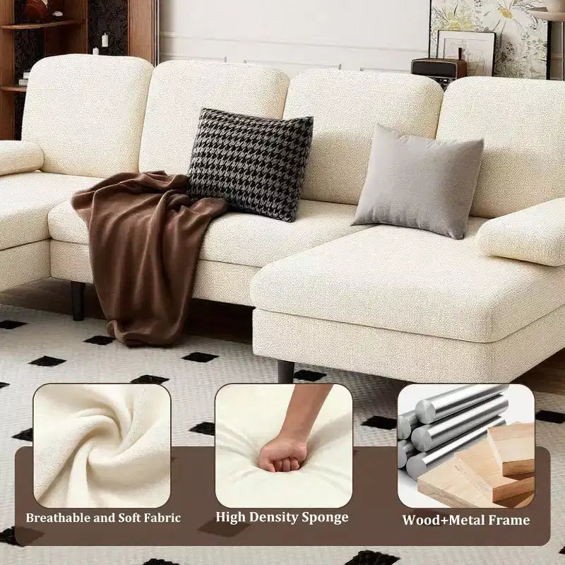 Canapé d'angle en U avec double chaise longue en tissu chenille, 4 places, meuble de salon