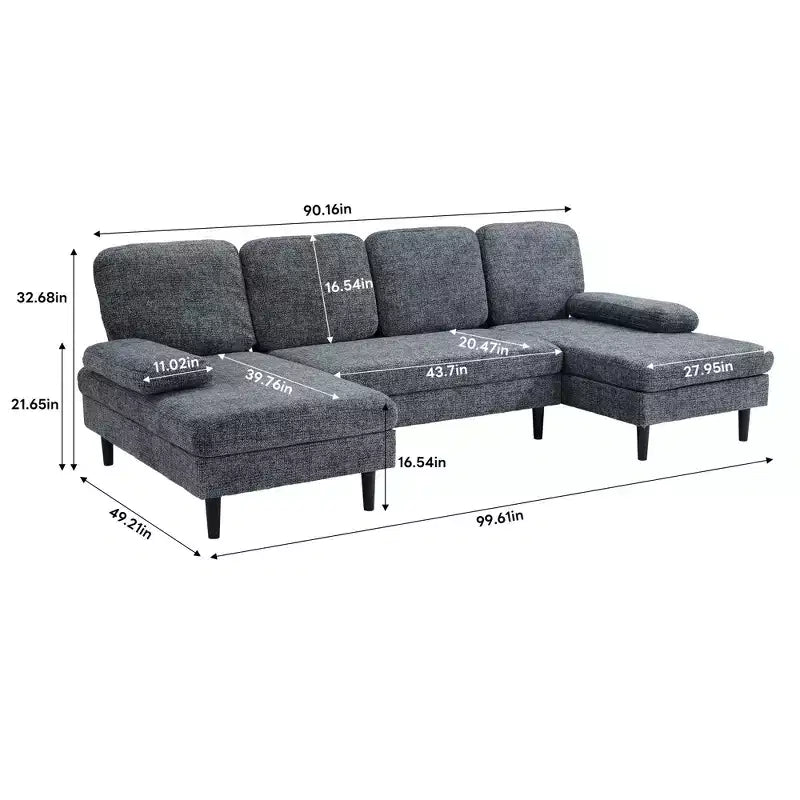 Canapé d'angle en U avec double chaise longue en tissu chenille, 4 places, meuble de salon