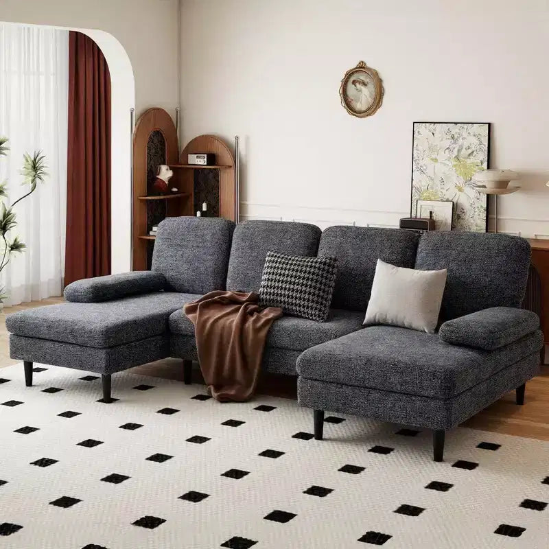 Canapé d'angle en U avec double chaise longue en tissu chenille, 4 places, meuble de salon