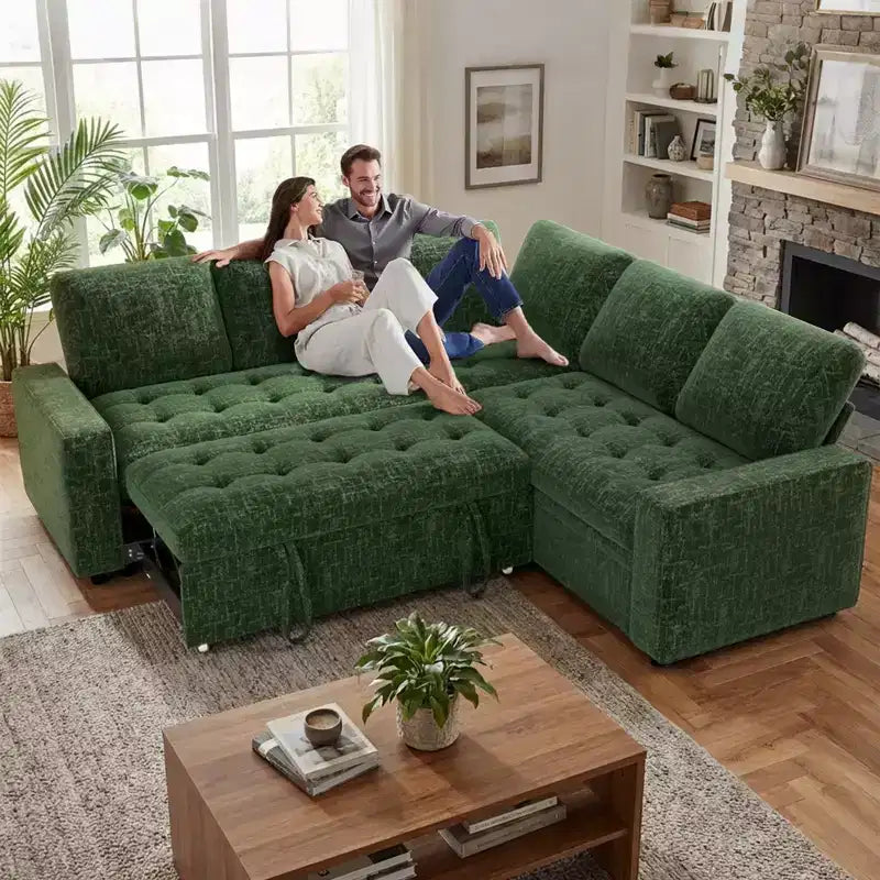 Canapé sectionnel convertible modulaire en L 5 places Dyonery en chenille avec port USB et méridienne de rangement