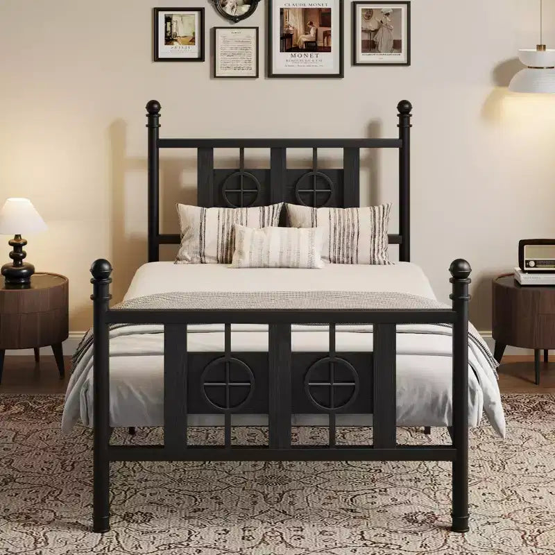 Acekool Industrial Metal Bed Frame, Noise-Free Platform with Under-Bed Storage and Circular Wood Design for Bedroom