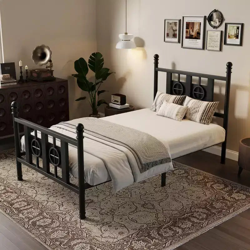 Cadre de lit en métal industriel, plateforme anti-bruit avec rangement sous le lit et design circulaire en bois pour chambre à coucher