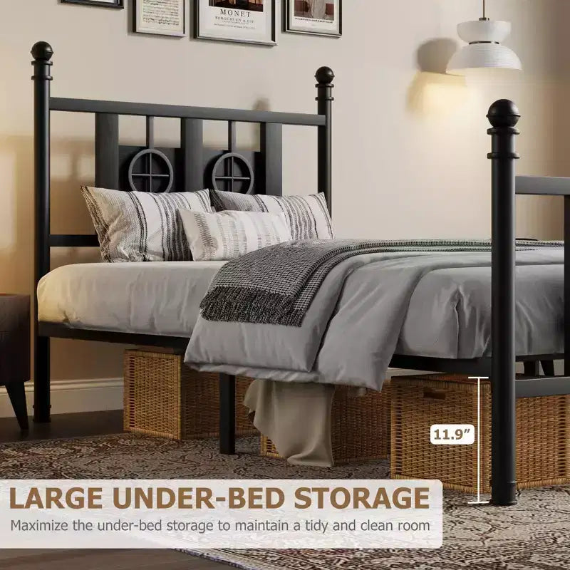 Cadre de lit en métal industriel, plateforme anti-bruit avec rangement sous le lit et design circulaire en bois pour chambre à coucher