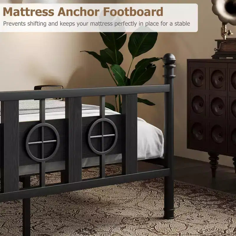 Cadre de lit en métal industriel, plateforme anti-bruit avec rangement sous le lit et design circulaire en bois pour chambre à coucher