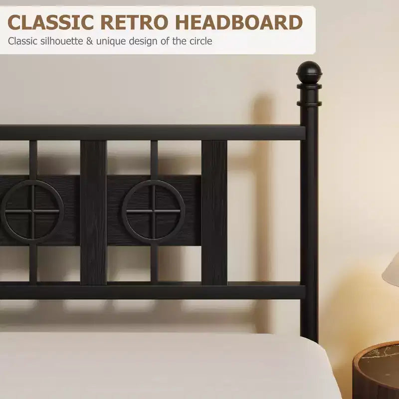 Cadre de lit en métal industriel, plateforme anti-bruit avec rangement sous le lit et design circulaire en bois pour chambre à coucher
