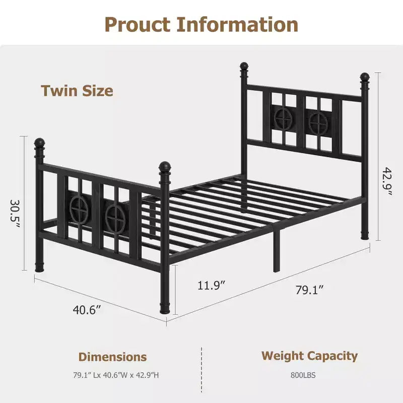 Cadre de lit en métal industriel, plateforme anti-bruit avec rangement sous le lit et design circulaire en bois pour chambre à coucher
