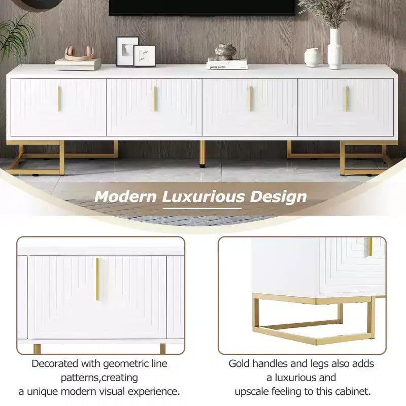 Meuble TV moderne blanc, Console média avec pieds en métal et poignées dorées pour téléviseurs 80 po