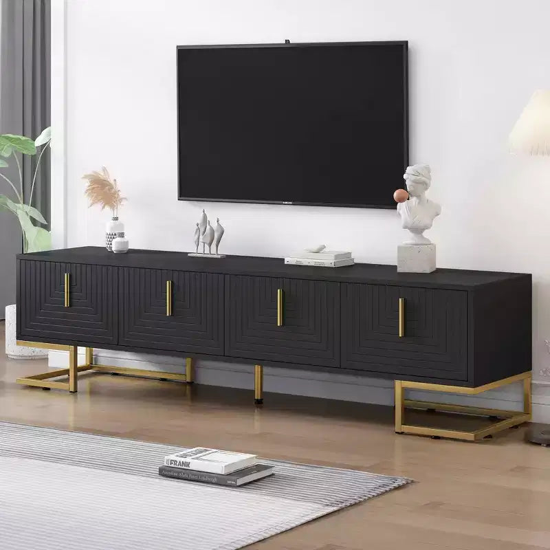 Meuble TV moderne blanc, Console média avec pieds en métal et poignées dorées pour téléviseurs 80 po