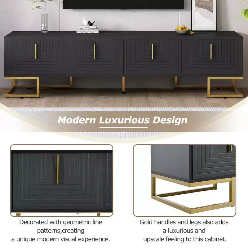 Meuble TV moderne blanc, Console média avec pieds en métal et poignées dorées pour téléviseurs 80 po