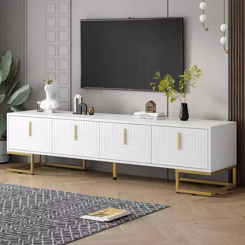 Meuble TV moderne blanc, Console média avec pieds en métal et poignées dorées pour téléviseurs 80 po
