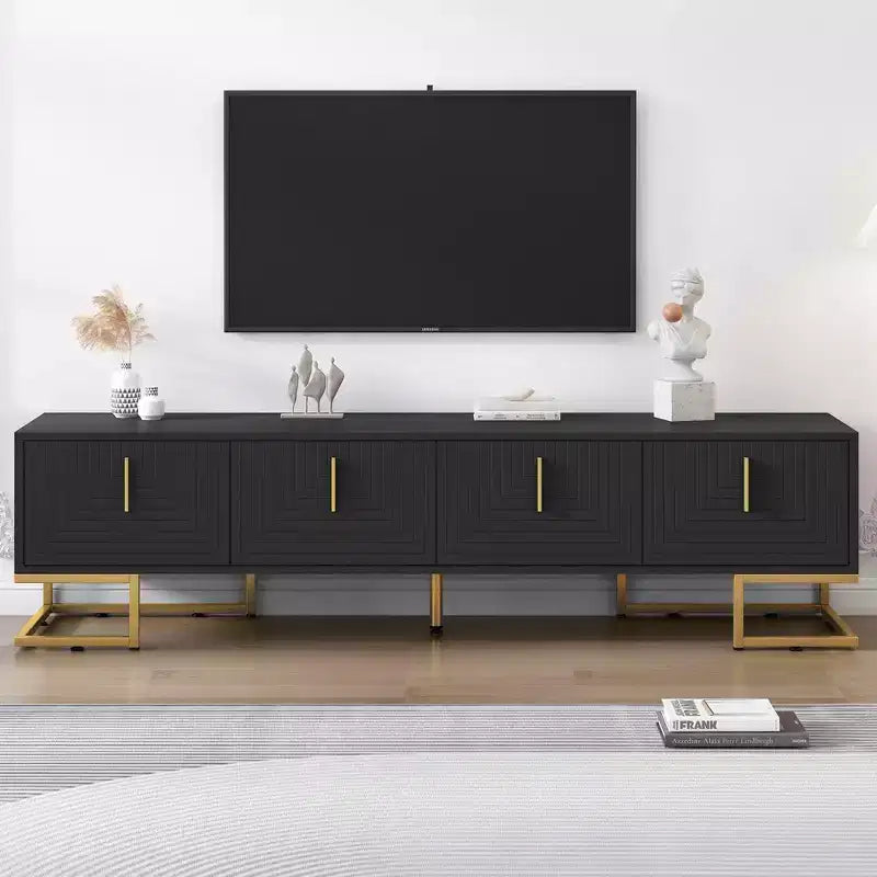 MAYEERTY White Modern TV Stand, Metal Leg Gold Handle Media Console for 80 TVs