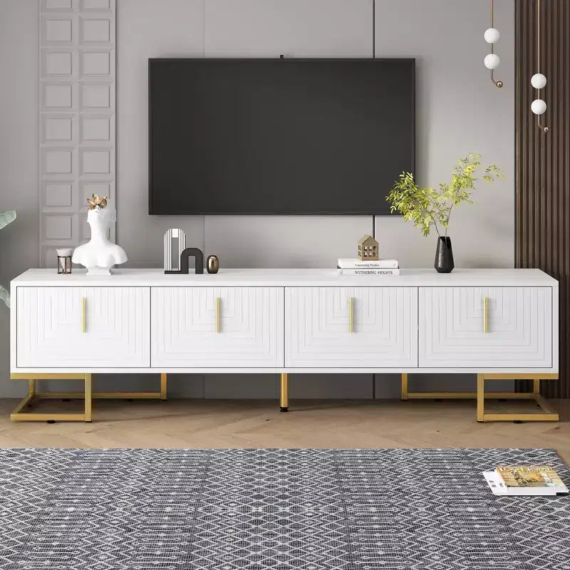 Meuble TV moderne blanc, Console média avec pieds en métal et poignées dorées pour téléviseurs 80 po
