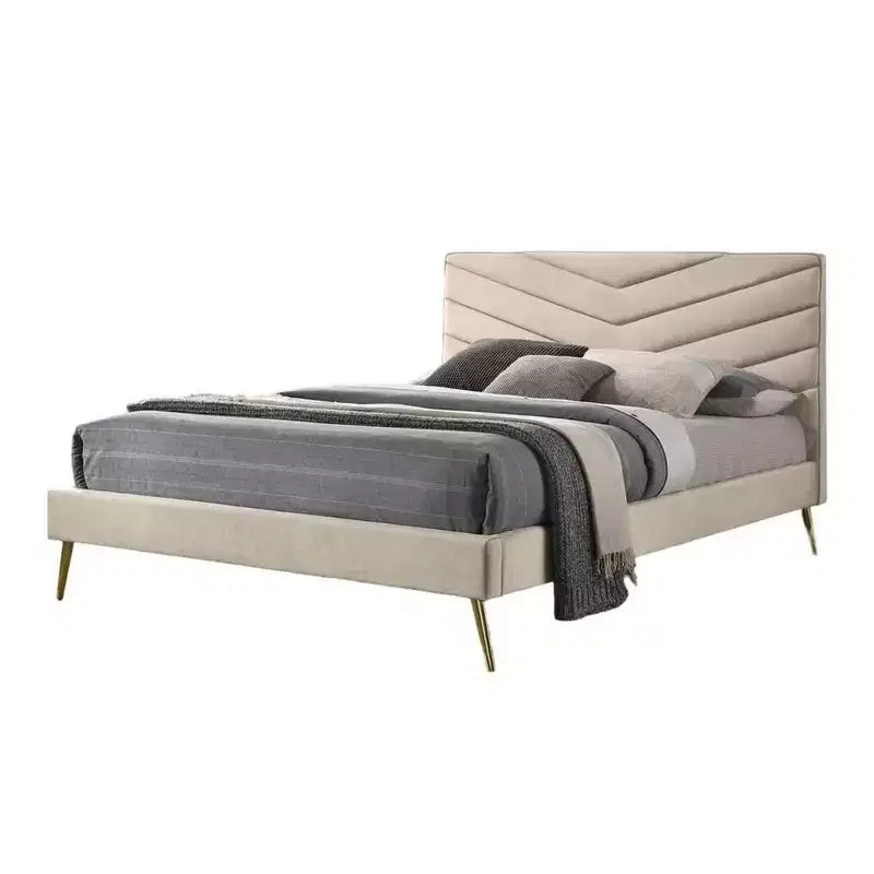 Royal Hampton Twin Size Bed, Chevron Tufted Beige Flannelette Upholstery