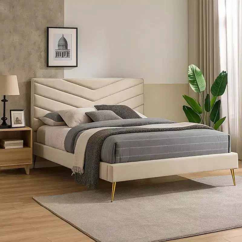 Lit simple Royal Hampton, rembourrage en flanelle beige capitonnée à chevrons
