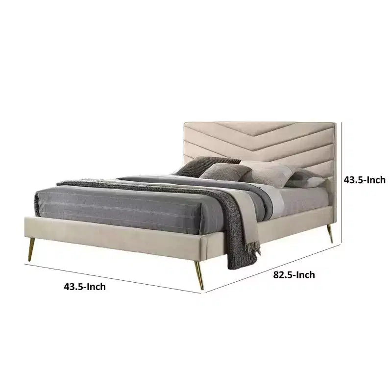 Lit simple Royal Hampton, rembourrage en flanelle beige capitonnée à chevrons
