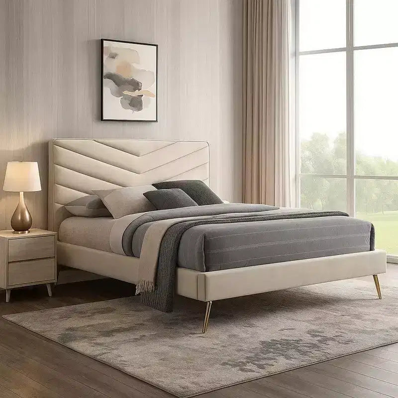 Lit simple Royal Hampton, rembourrage en flanelle beige capitonnée à chevrons